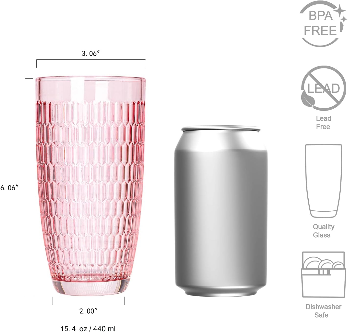 Highball Drinking Glass Set of 6 Romantic Pink Thick Bottom Large Capacity Drinking Glass Ideal for Juices and Cocktails