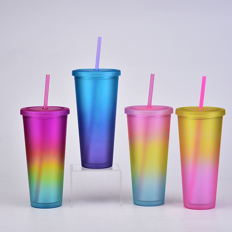 New rainbow-colored double-layer straw cup frosted portable cup outdoor sports water cup