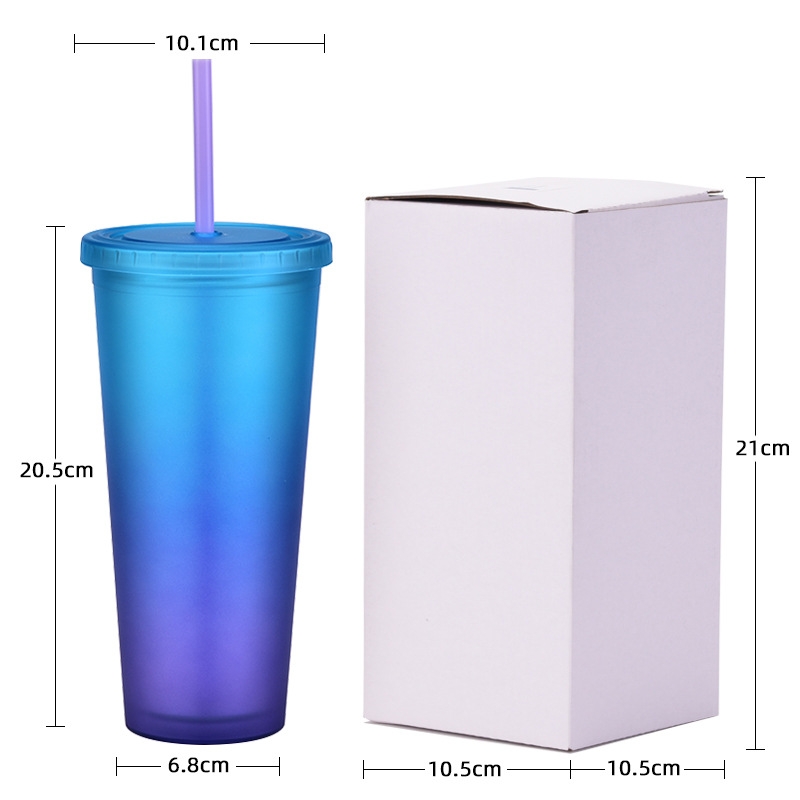 New rainbow-colored double-layer straw cup frosted portable cup outdoor sports water cup