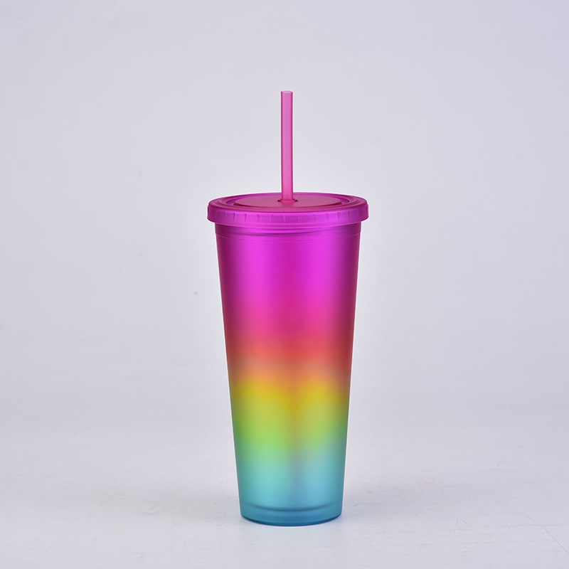 New rainbow-colored double-layer straw cup frosted portable cup outdoor sports water cup