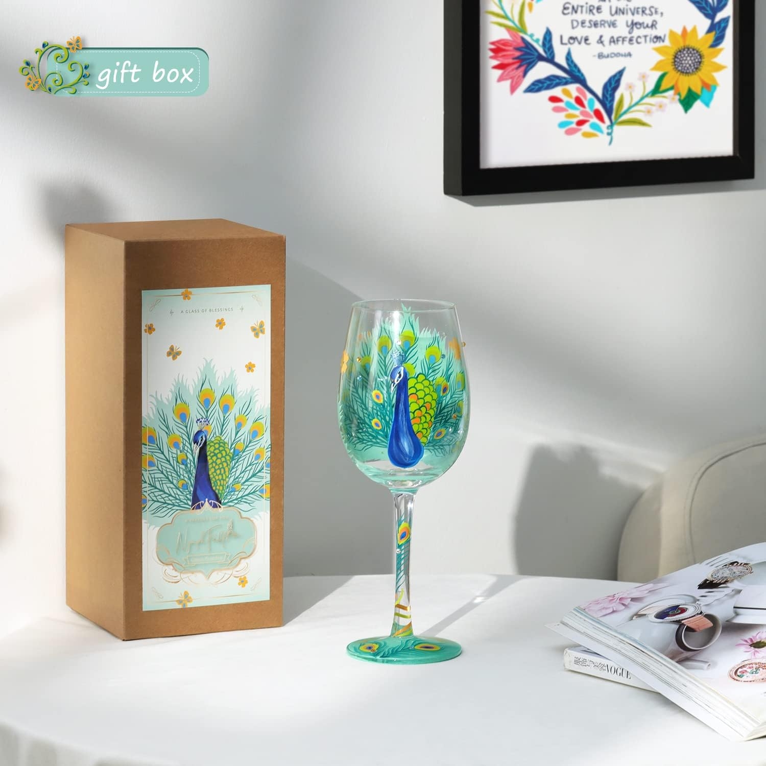 Peacock Hand Painted Wine Glass 15 oz Colorful Wine Glass Women Personalized Birthday Peacock Gift