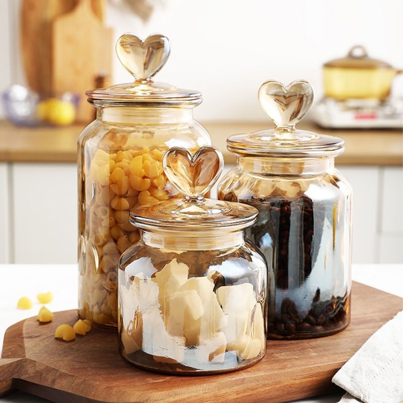Glass sealed jar creative love storage jar transparent amber high-value snacks candy and grain storage bottle