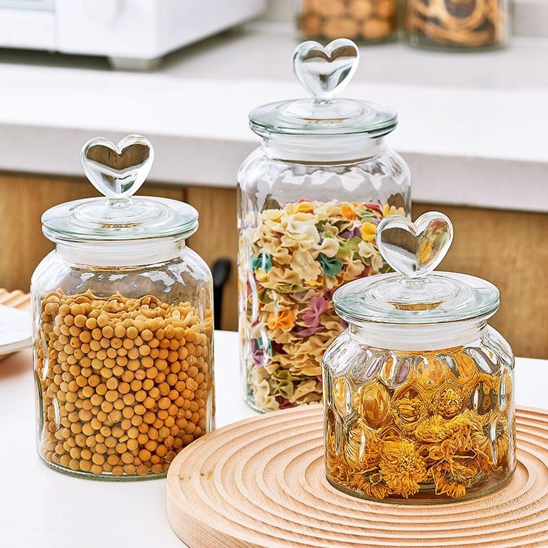 Glass sealed jar creative love storage jar transparent amber high-value snacks candy and grain storage bottle