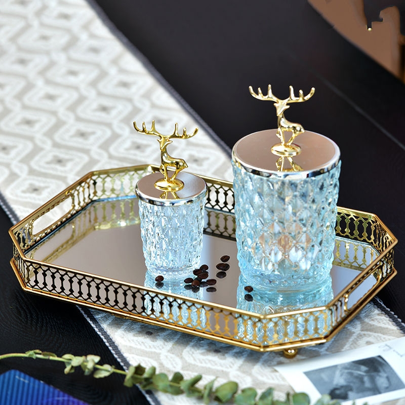 Simple European style golden deer head decorative storage jar embossed crystal glass cotton pick toothpick jar candy