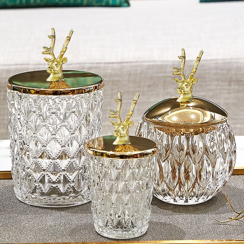 Simple European style golden deer head decorative storage jar embossed crystal glass cotton pick toothpick jar candy