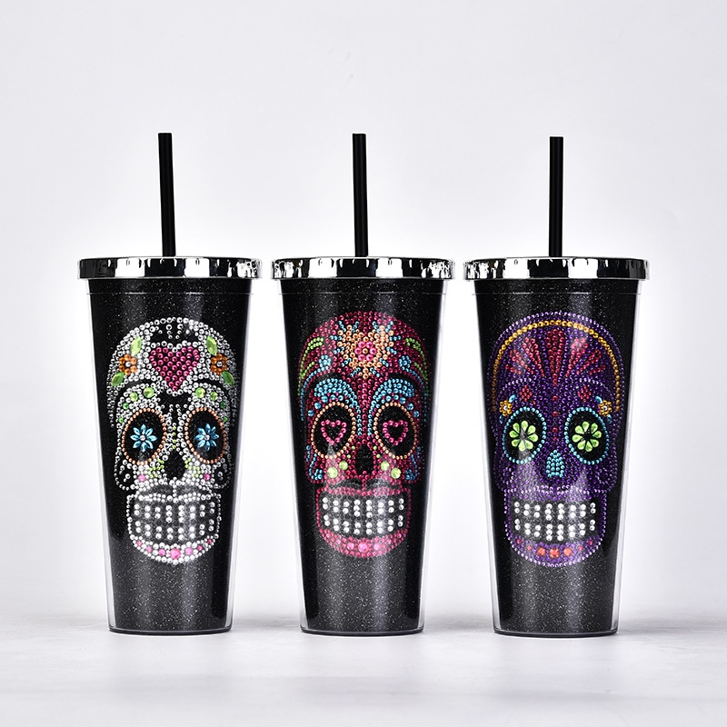 Double-layer straw cup diamond creative water cup Halloween large capacity beverage bottle