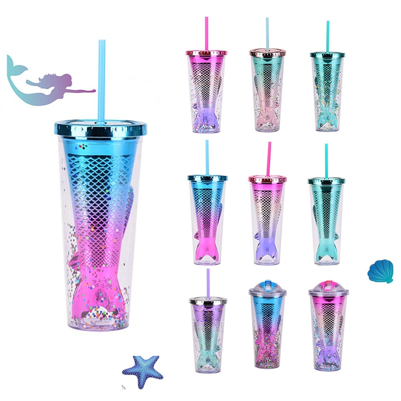 Double-layer cup, creative gradient mermaid tail straw cup, beautiful electroplated color sequin water cup