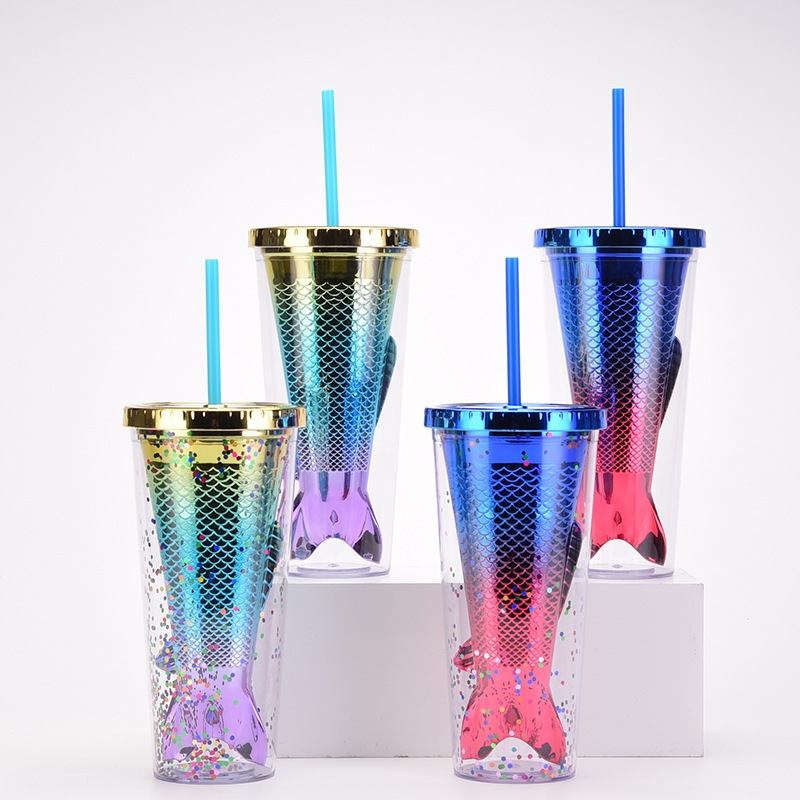 Double-layer cup, creative gradient mermaid tail straw cup, beautiful electroplated color sequin water cup