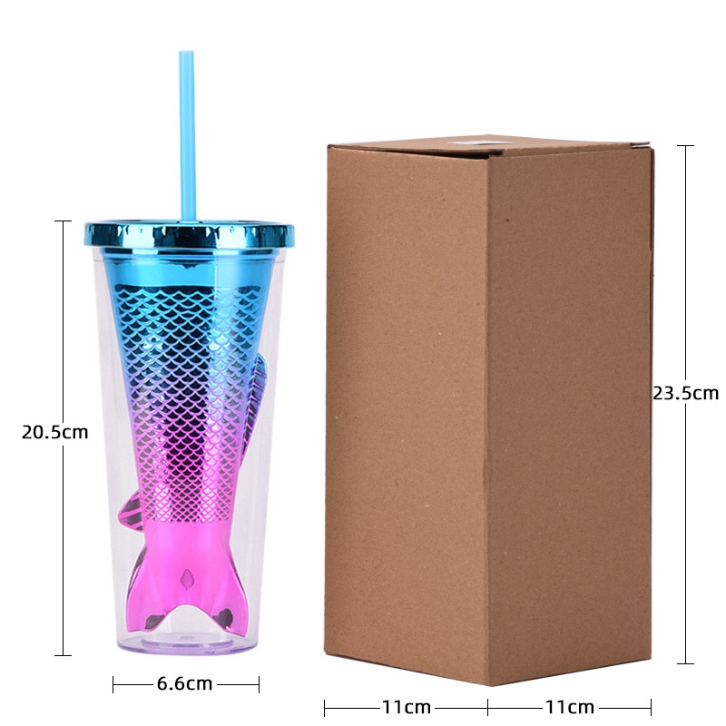 Double-layer cup creative gradient mermaid tail glass tumbler straw cup beautiful electroplated color sequin water cup