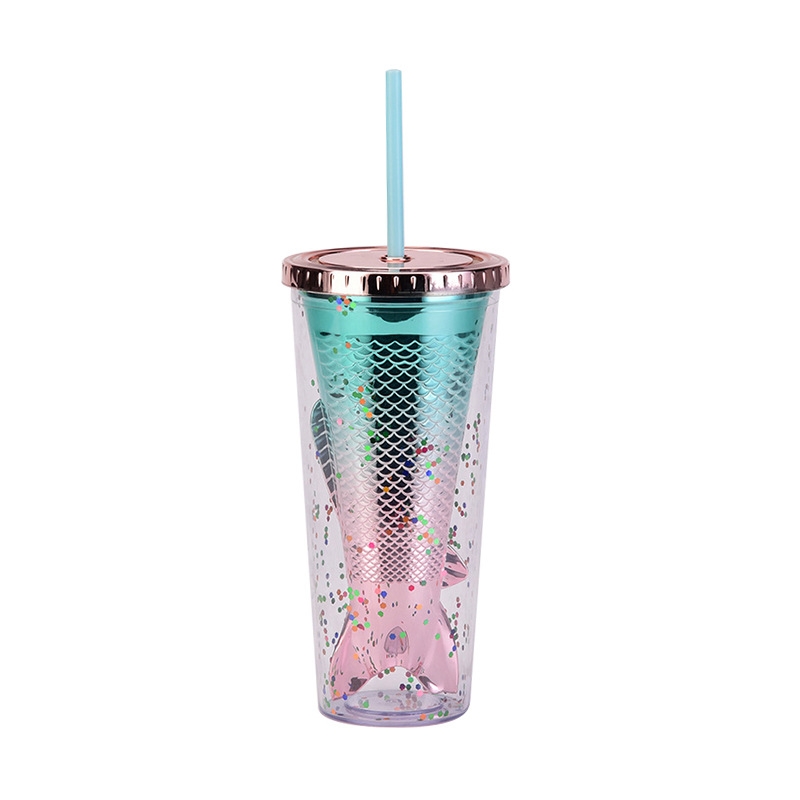Double-layer cup creative gradient mermaid tail glass tumbler straw cup beautiful electroplated color sequin water cup