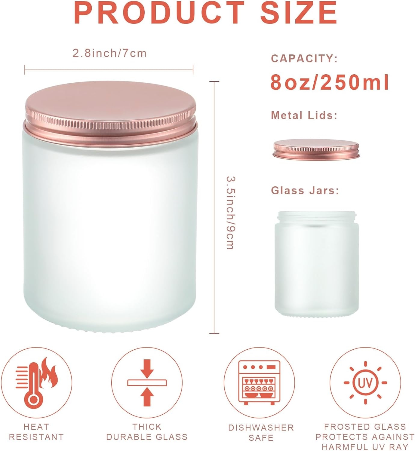 250ml Classic round Frosted Glass Candle Making Jar with Metal Rose Gold Lid for Kitchen Food Container Freshness Preservation