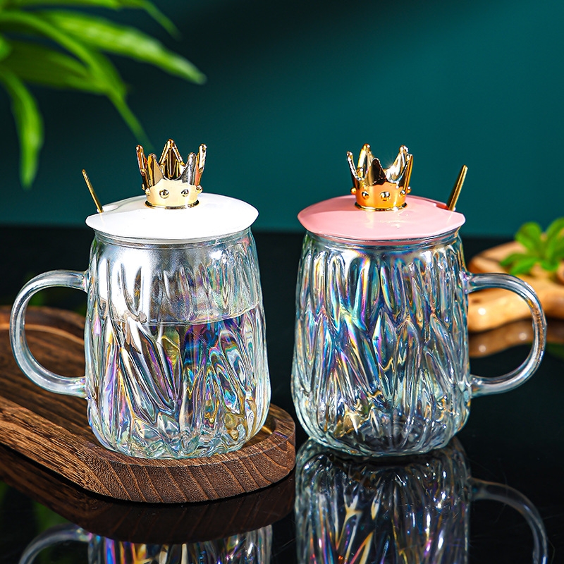 Colorful Ribbed Crown Glass Handle Cup with Tropical Spoon Cover Resistant Coffee and Tea Mug for Presents