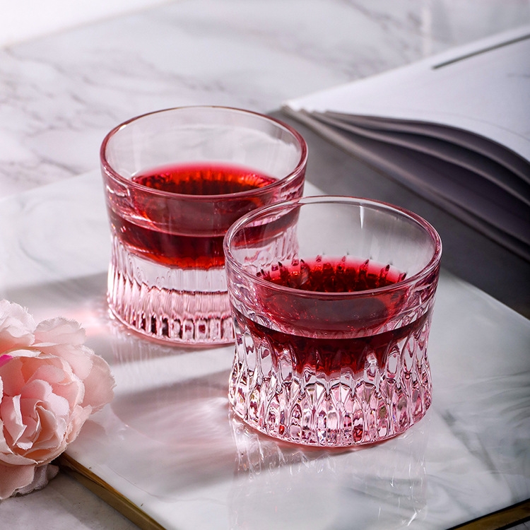 Creative New Embossed Whiskey Crystal Glass Pink Household Wine Cup with Special Grid for Bar and Home Use