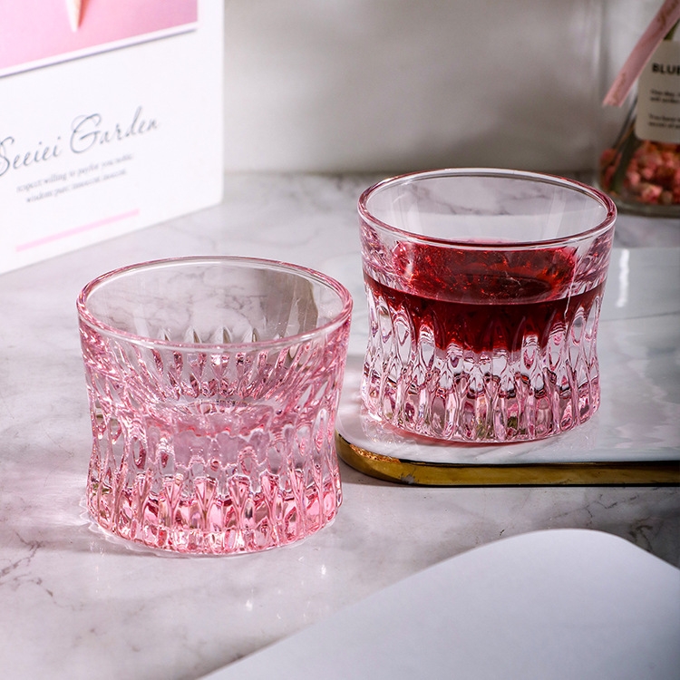 Creative New Embossed Whiskey Crystal Glass Pink Household Wine Cup with Special Grid for Bar and Home Use