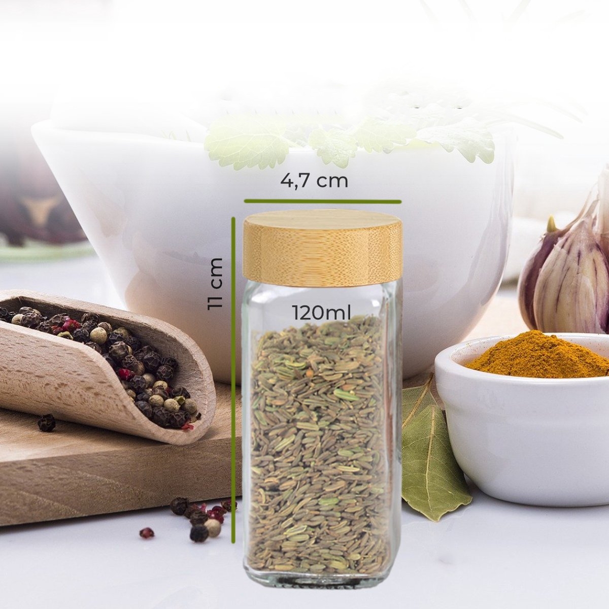 Unique Square Glass Spice Jar Set - Complete with Bamboo Lid and Sprinkler Lid for Optimal Storage and Dispensing