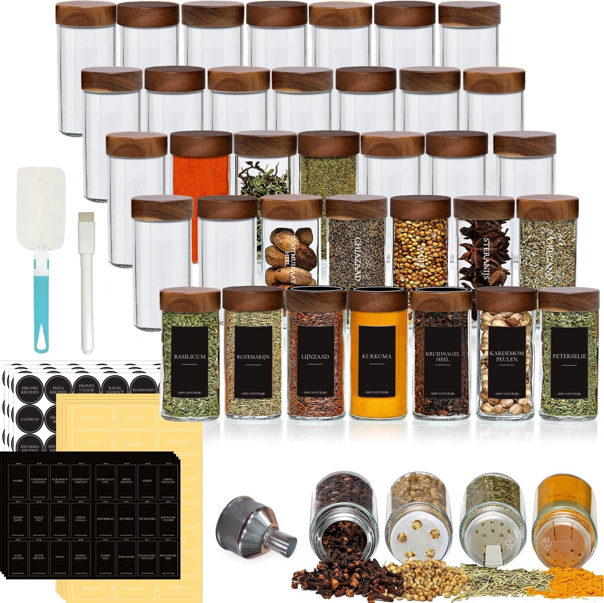 Round 100ml Glass Spice Jar featuring an Acacia Lid and Sprinkler Top in Set of 4 Set of 6