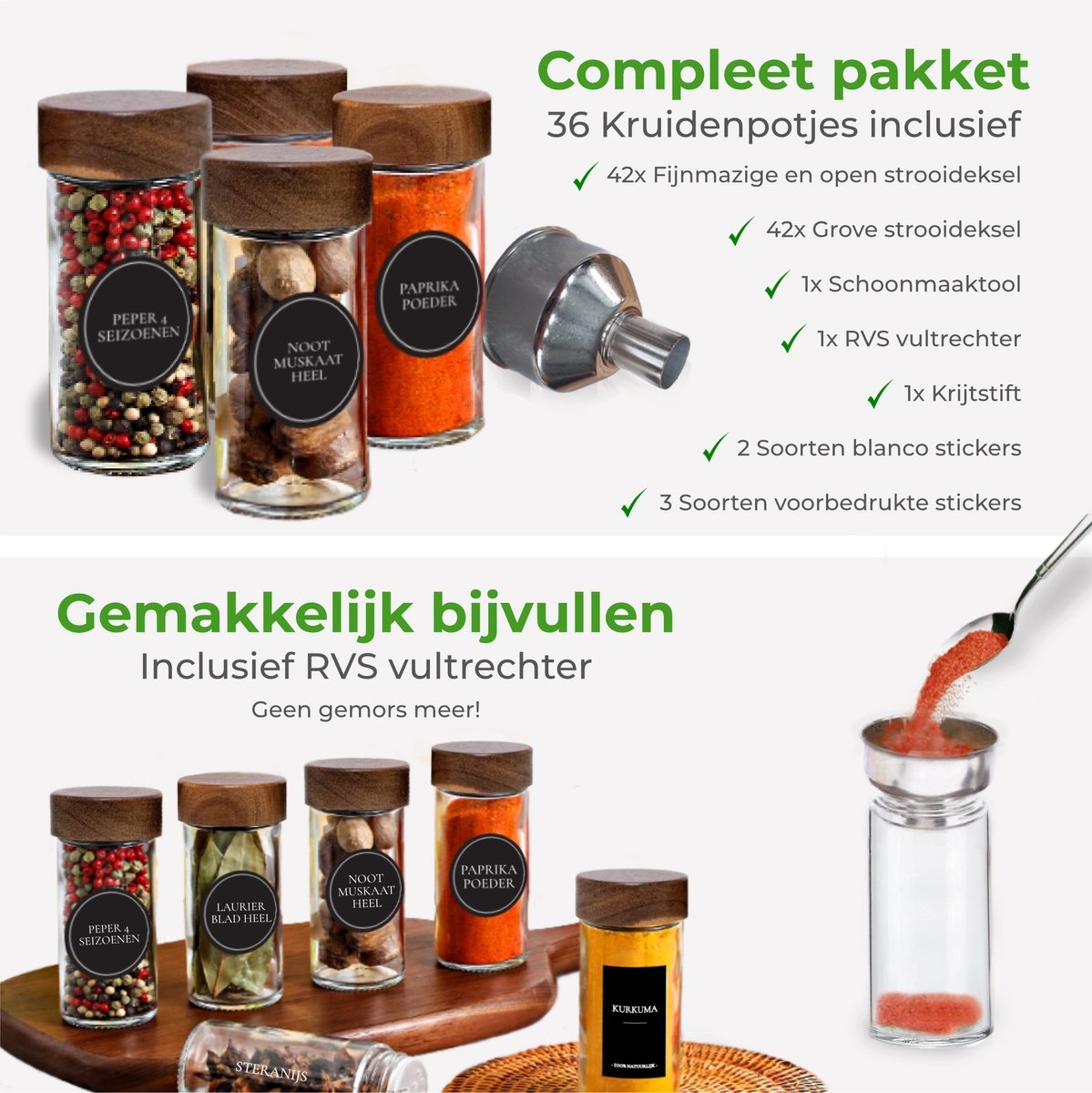 Round 100ml Glass Spice Jar featuring an Acacia Lid and Sprinkler Top in Set of 4 Set of 6