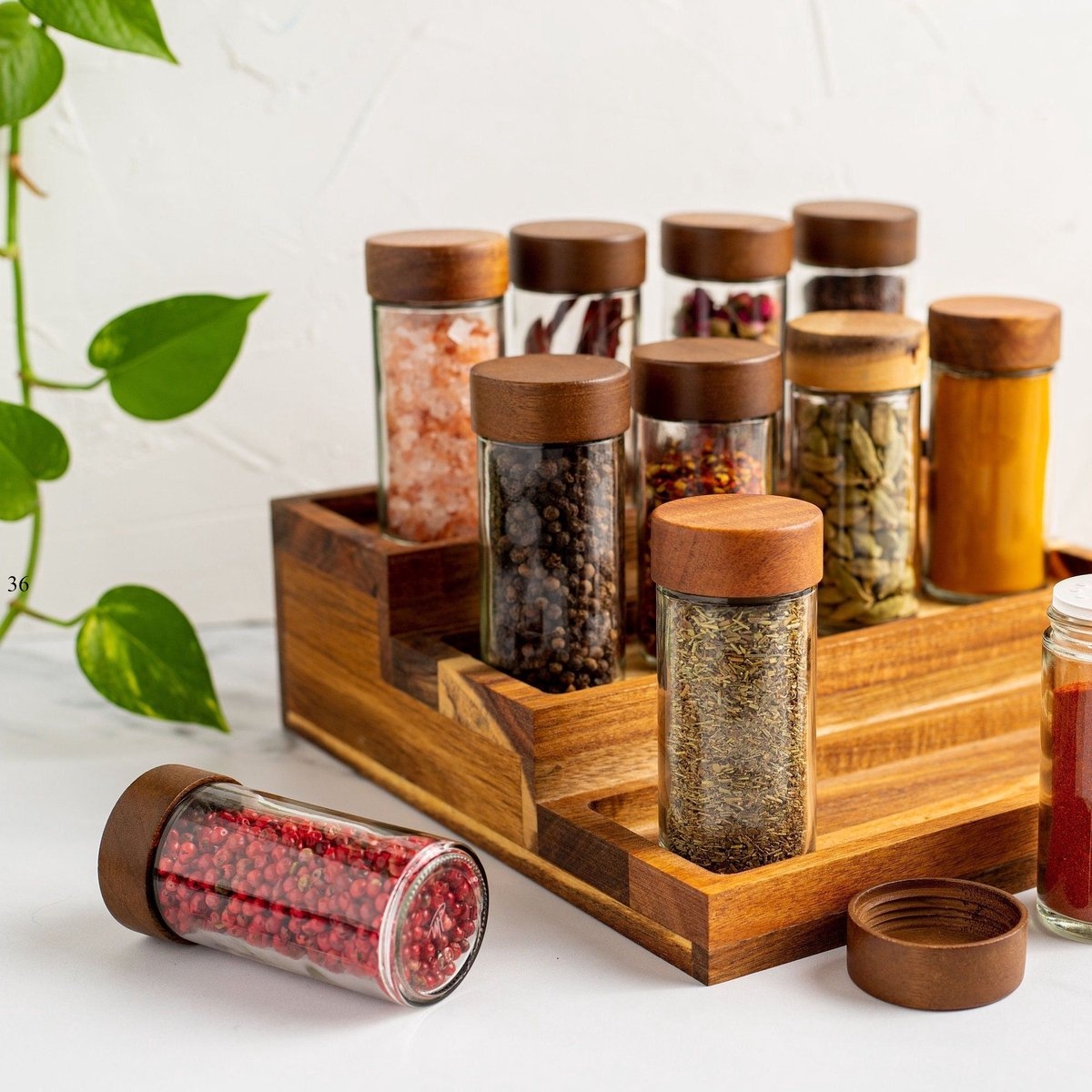 Round 100ml Glass Spice Jar featuring an Acacia Lid and Sprinkler Top in Set of 4 Set of 6