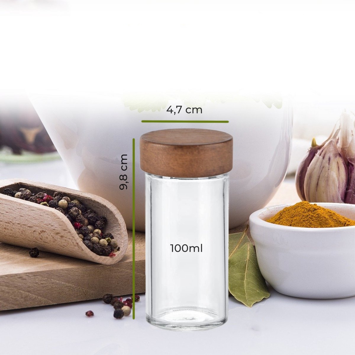 Round 100ml Glass Spice Jar featuring an Acacia Lid and Sprinkler Top in Set of 4 Set of 6