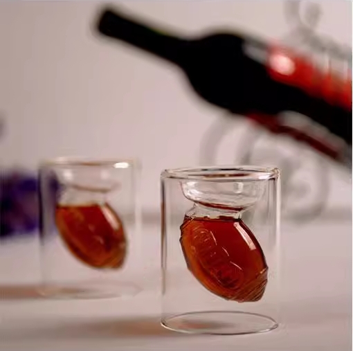 Unique Small-Capacity Rugby-Shaped Double Layer Transparent Wine Glass - Ideal for Creative & Personalized Bar Drinks like Vodka and Spirits