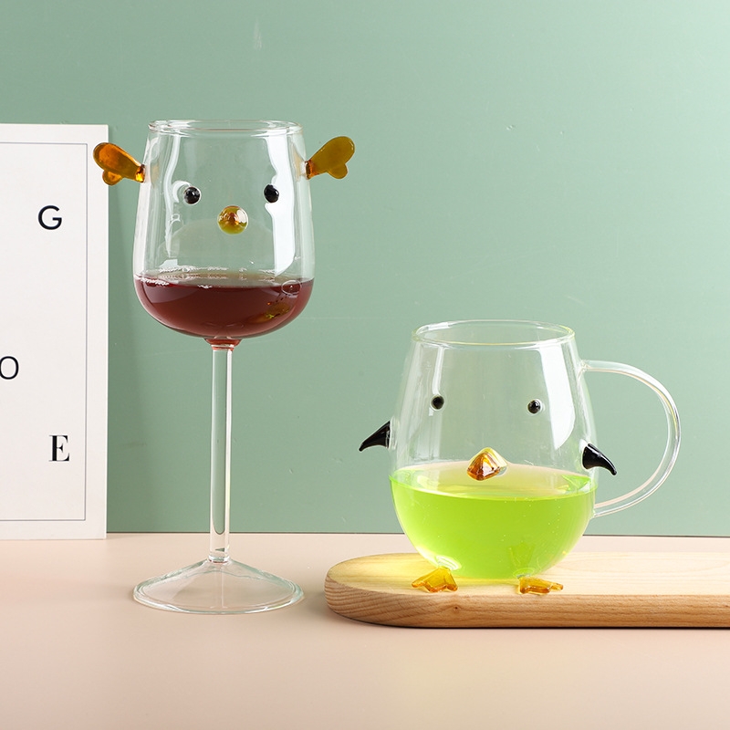 Cartoon three-dimensional penguin glass water cup household drinking cup with handle deer wine glass goblet