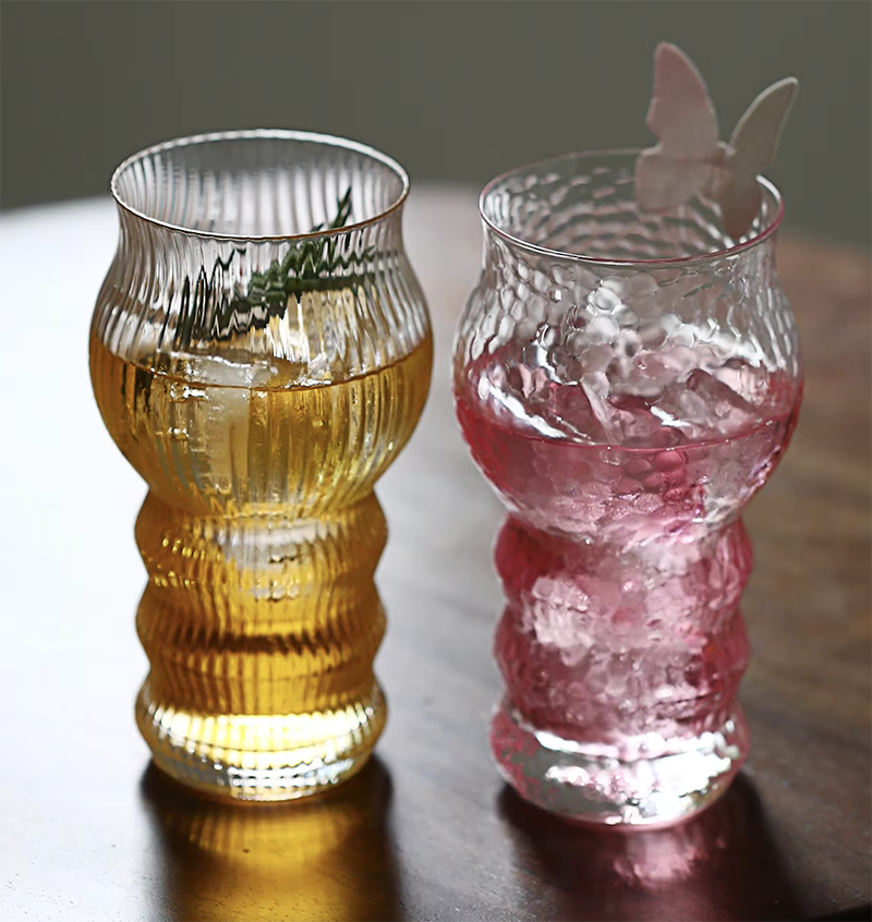 Premium Hammered Layered Glass Tumbler Pink Accent Clear Drinkware for Party Cocktail Wholesale
