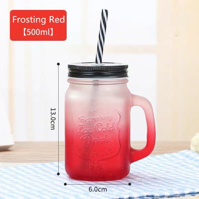 Wholesale Transparent 500 ml Mason Glass Jar with Handle Straw Fruit Beverage Mason Jar