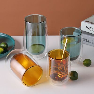 Colored double wall coffee mug heat resistant and transparent tea cup heat insulation glass cup