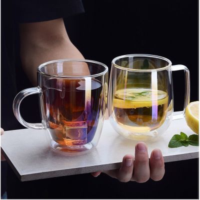 New design rainbow color double wall high borosilicate heat-resistance glass creative coffee cup with handle