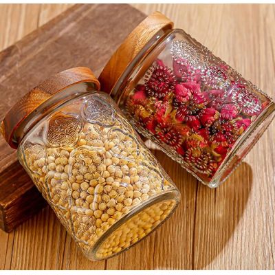 kitchen & tabletop airtight glass jar with bamboo lid and emboss