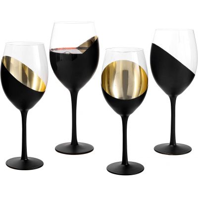 430ml Modern Matte Black & Gold Plating Goblet Wine Glass Elegant Design Glass Cups for Party