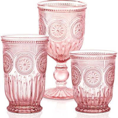 Pink Wine Glasses set of 6 pink goblets, dishwasher safe colored pink glassware vintage style for champagne flutes