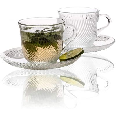 6 Ounces Glass Tea Cups and Saucers Sets, 6 PCs Clear Glass Coffee Mugs and 6-PCs Glass Saucers
