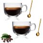 Large Clear Glass Coffee Mugs Set of 2,14.8 oz, 440ml-Wide Mouth Tea Cups with Handle and Spoon