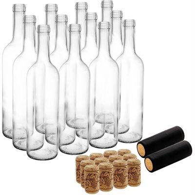 12 Pack 750ml Bordeaux Glass Wine Bottles Flat-Bottomed Empty Bottles for Liquor, Champagne, Limoncello, Juice