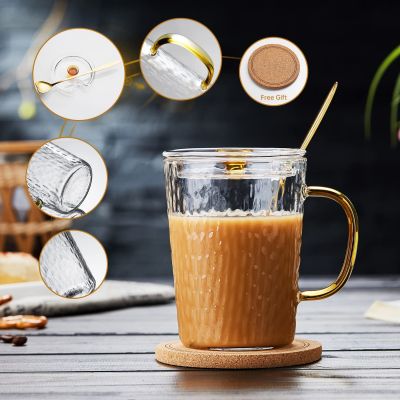 400 ml/ 13 ounces Borosilicate Glass Coffee Mug with Lid and Spoon Tea Mug with Free Coaster