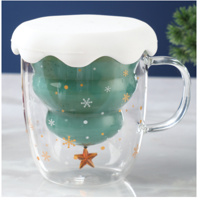 High Borosilicate Christmas Double Wall Glass Cup With Lid