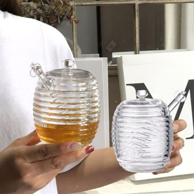 2 Pack Glass Jar with Dipper, 8 oz Clear Beehive Honey Pot Honey Containers for Store Honey and Syrup