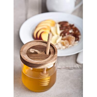 Honey Jar Pot Glass Holder Dispenser Set with Wooden Dipper Stick and Acacia Lid Cover for Home Kitchen