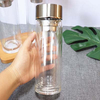 Wholesale double wall glass bottle with stainless lid 300ml/350ml for tea coffee high quality