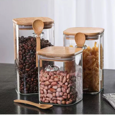 Square High Borosilicate Glass jar for Kitchen Storage Jar with Bamboo Lids and Spoon