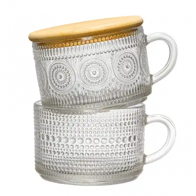 Vintage Coffee Mugs, Overnight Oats Containers with Bamboo Lids and Spoons Clear Embossed Glass Cups