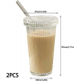 375ml Ribbed Glass Tumbler with Lid and Straw Simple Vertical Stripe Milk Coffee Beverage Cup