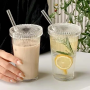 375ml Ribbed Glass Tumbler with Lid and Straw Simple Vertical Stripe Milk Coffee Beverage Cup