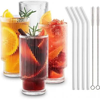 Glass Cups with Straws 12oz, Drinking Glasses Set of 4, Ribbed Glassware, Cocktail Glasses, Vintage Glassware, Whiskey Glasses