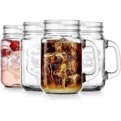 16 Oz Clear Glass Jars With Convenient Handle and Ice Cold Embossed Logo Ideal for Hot and Sunny Days