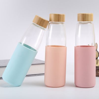 Bamboo lid silicone cover glass cup single layer high borosilicate glass water bottle heat-proof silicone