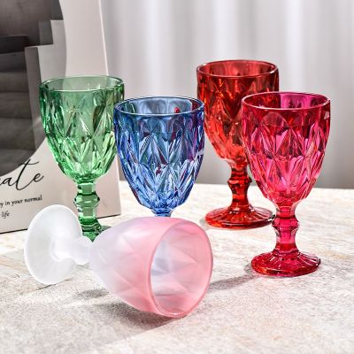 Color spray embossed transparent glass red wine cup, colorful goblet, diamond-shaped juice cup