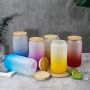 Gradient color glass bottle with bamboo lid, beer can high borosilicate glass mason jar cup with straw, suitable for ice coffee