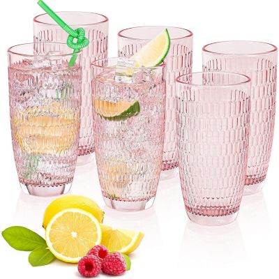 Highball Drinking Glass Set of 6 Romantic Pink Thick Bottom Large Capacity Drinking Glass Ideal for Juices and Cocktails